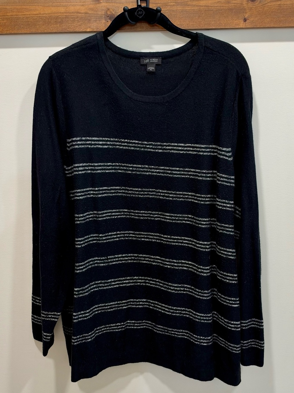 J. Jill Black Crewneck Sweater with Silver Stripes